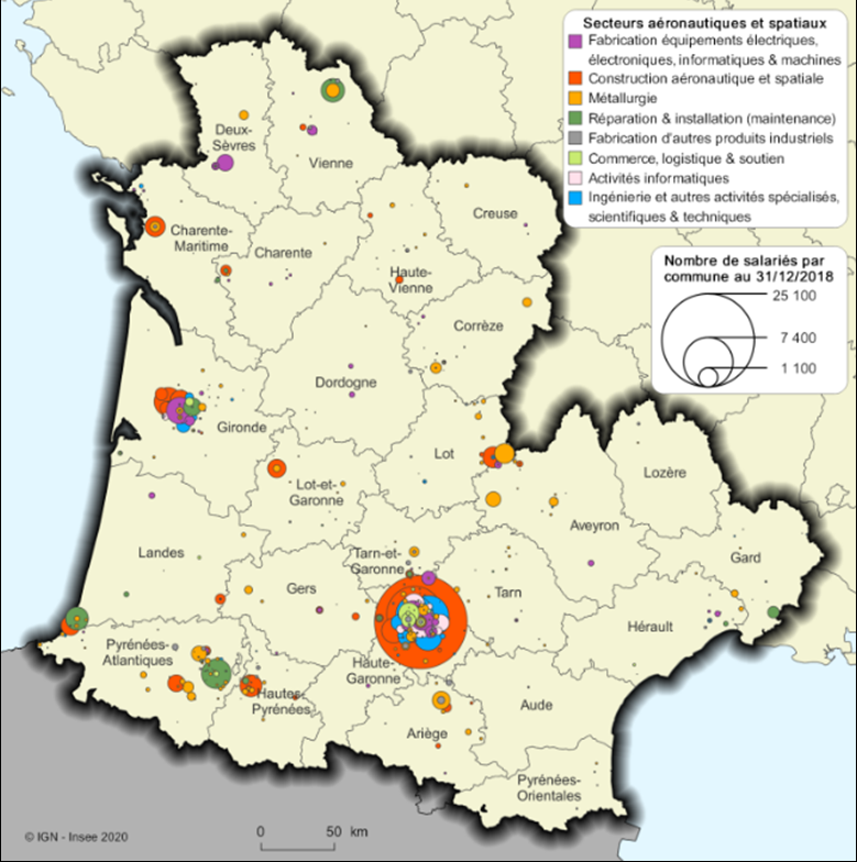 Effectifs dédiés à l’activité aérospatiale des établissements des entreprises répondantes à l’enquête « Filière aéronautique et spatiale dans le Grand Sud-Ouest 202019 » et des donneurs d’ordres, agrégés par secteur d’activité et par commune.