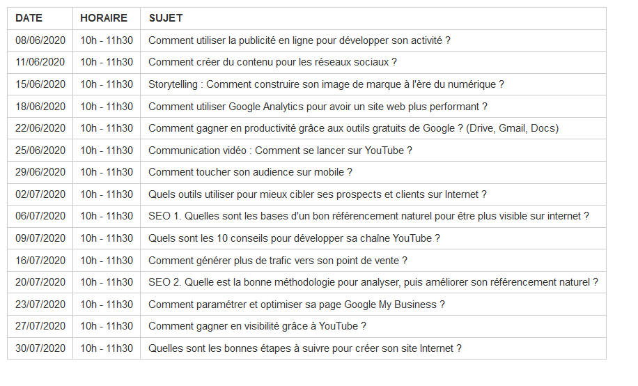 Programme complet des webinaires